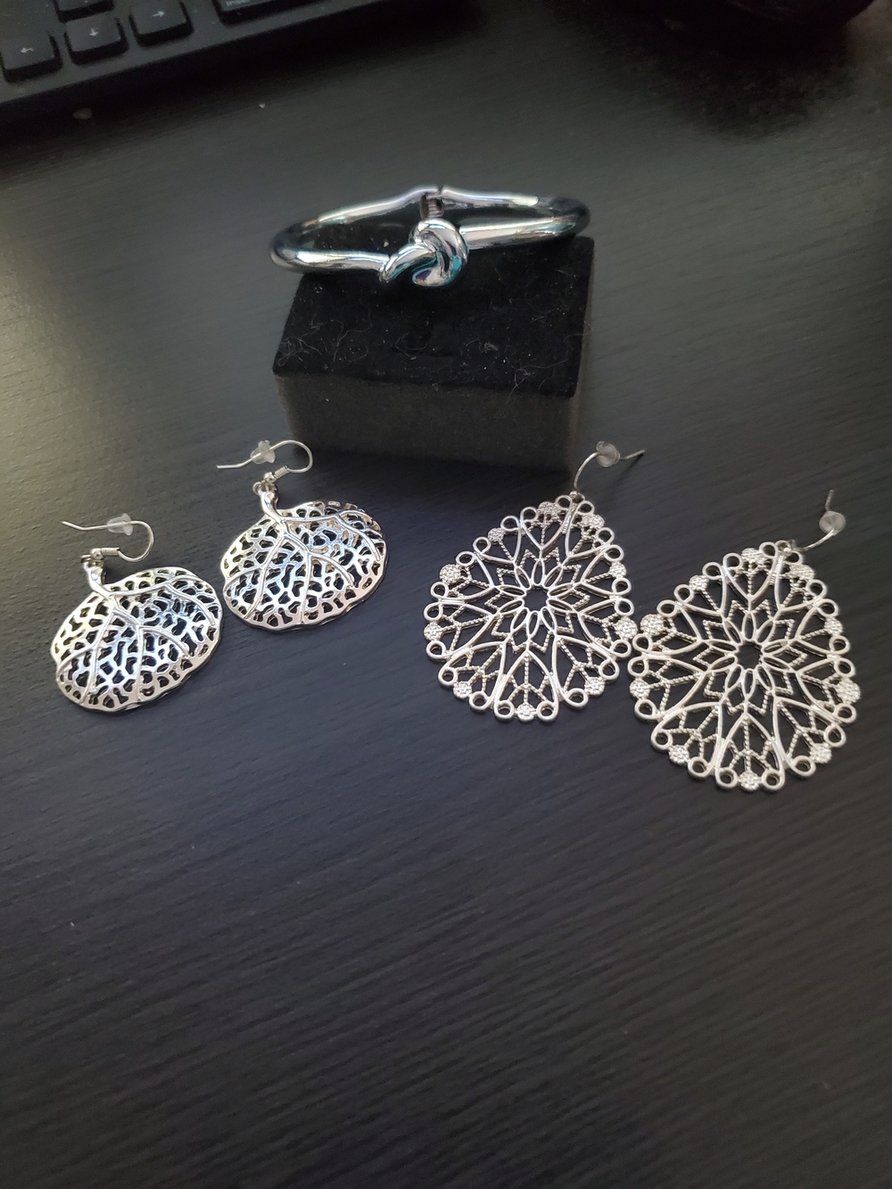 Silver Filigree Drop Earrings — Elegant Tear & Round Pair